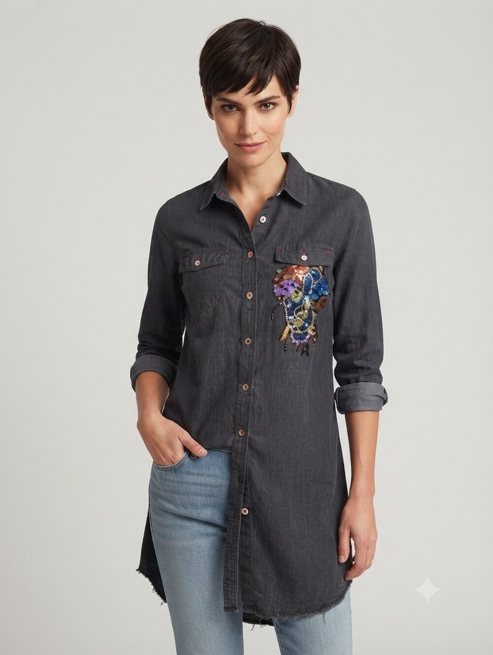Zara Basic Z1975 Embellished Denim Shirt Dress Washed Black Sequin Beaded Medium